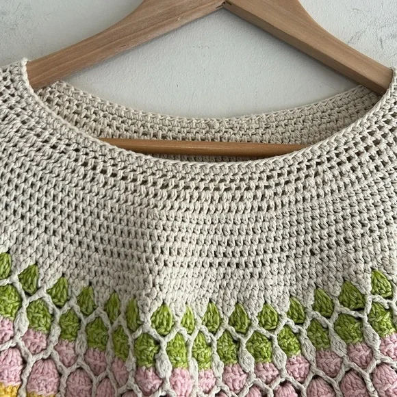 Cream Multi Color Crochet Cotton Crew Neck Sweater Women's Size LG - Picture 3 of 11